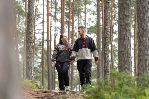 Kaksi ihmistä kävelee rinnakkain mäntyjen reunustamalla metsäpolulla.